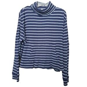 Pact Organic Cotton Blue Striped Cowl Neck Waffle-Knit Kangaroo Pocket Shirt XL